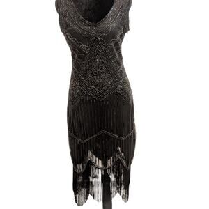 Black Flapper Dress Beaded Sequin Fringe Gatsby Inspired 20s Cocktail Dress